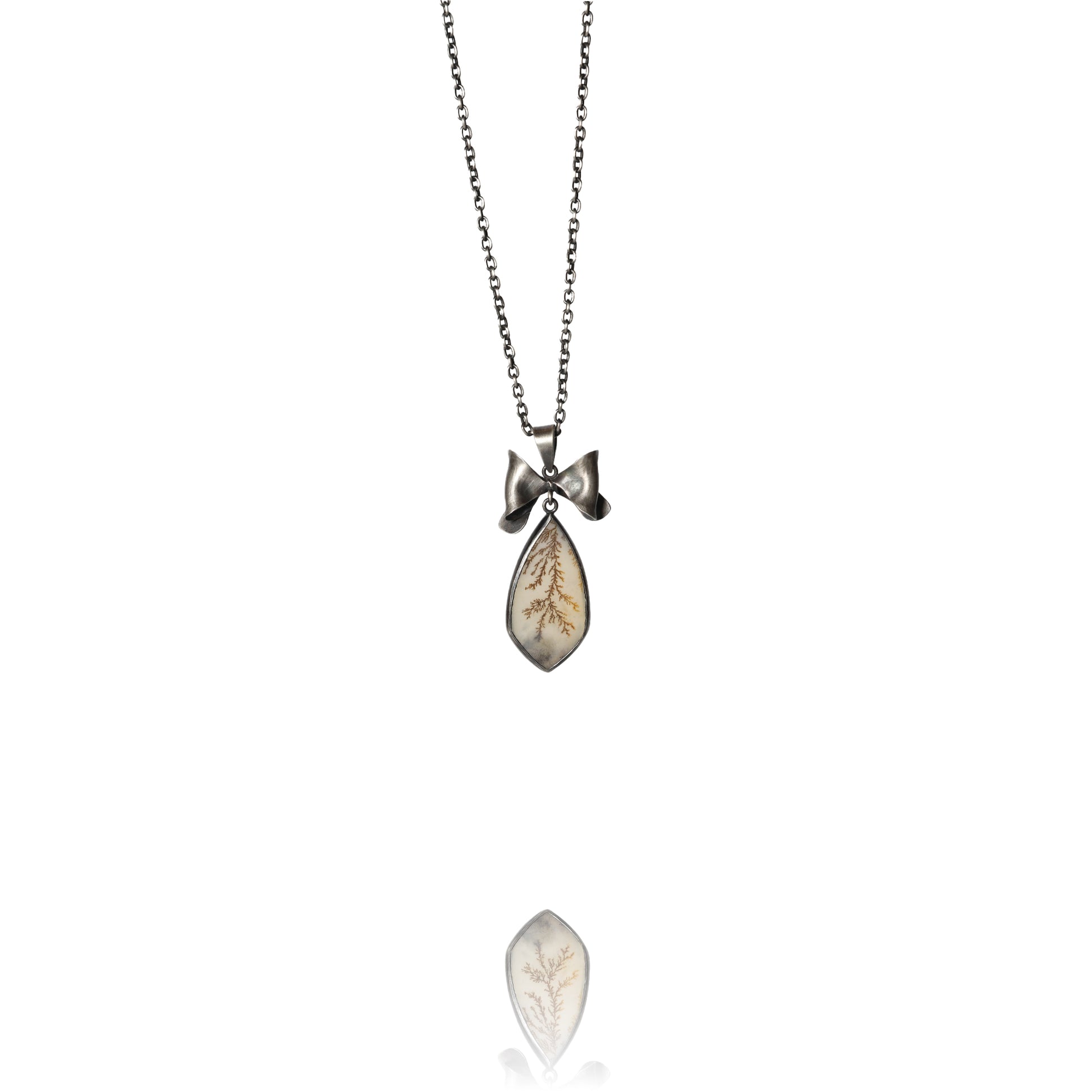 Oxidized silver bow necklace with dendritic agate