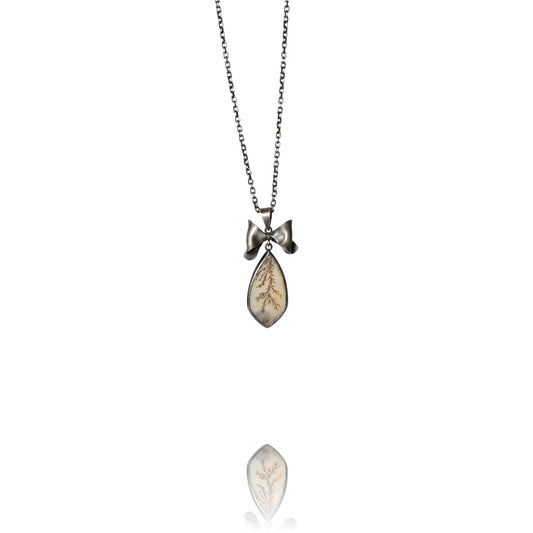 Oxidized silver bow necklace with dendritic agate