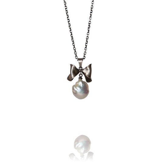 Oxidized sterling silver bow necklace with baroque pearl