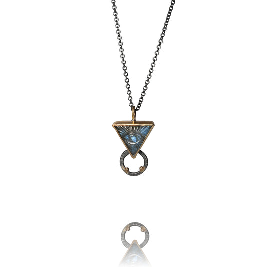 Triangular mason eye pendant on oxidized silver chain