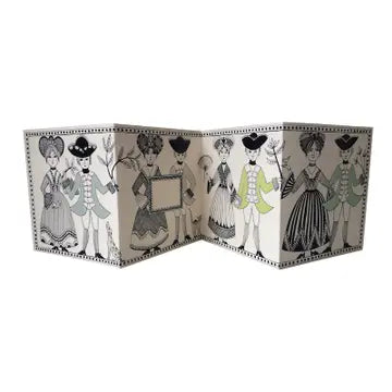 Concertina style greeting card with black and white illustration of ladies and gentlemen in old fashioned clothing and hats