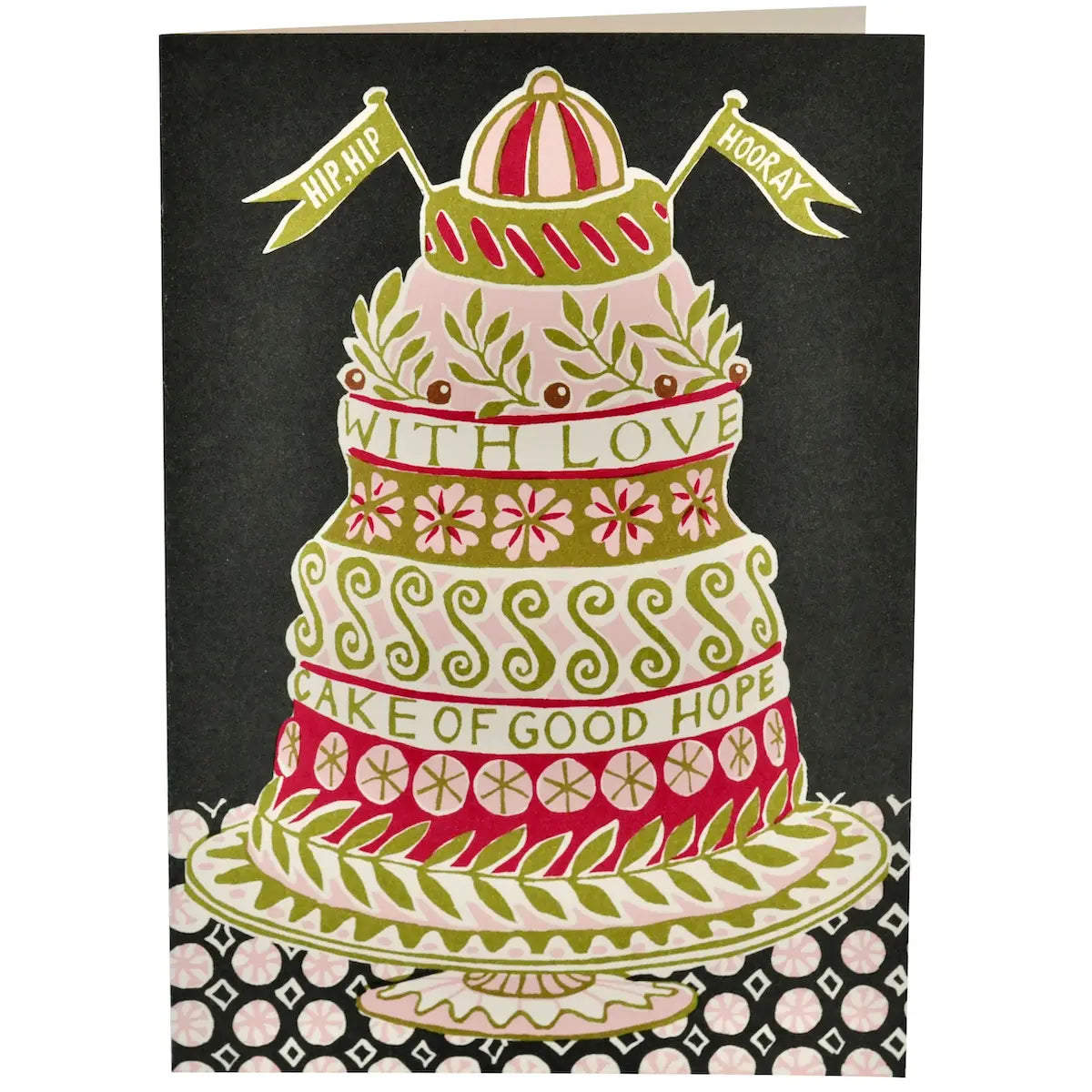 A block print style greeting card with a large colorful cake and the words 'with love cake of good hope' on the cake