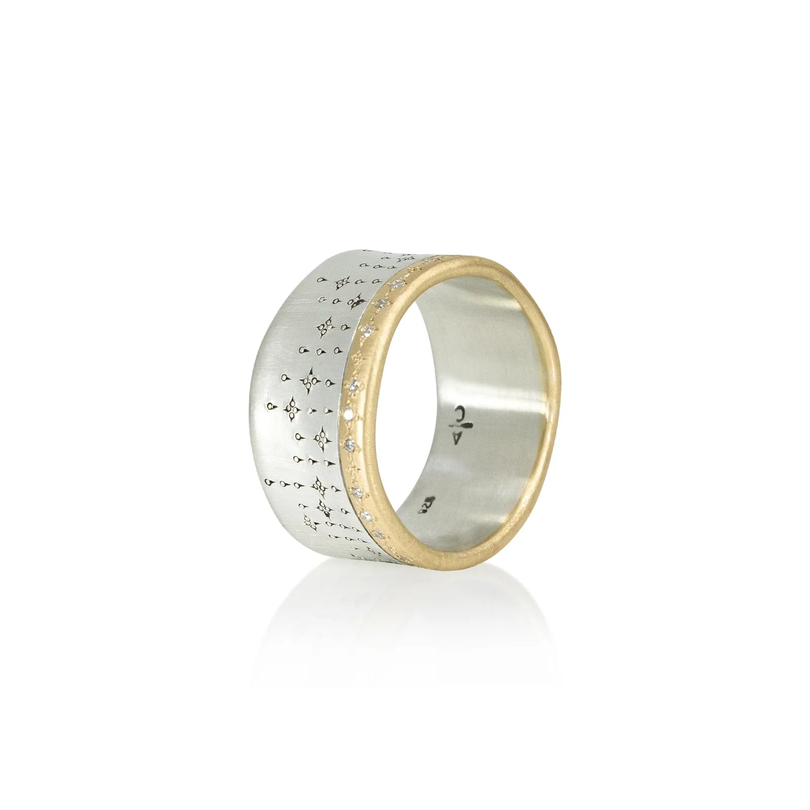Silver ring with gold accents on a white background
