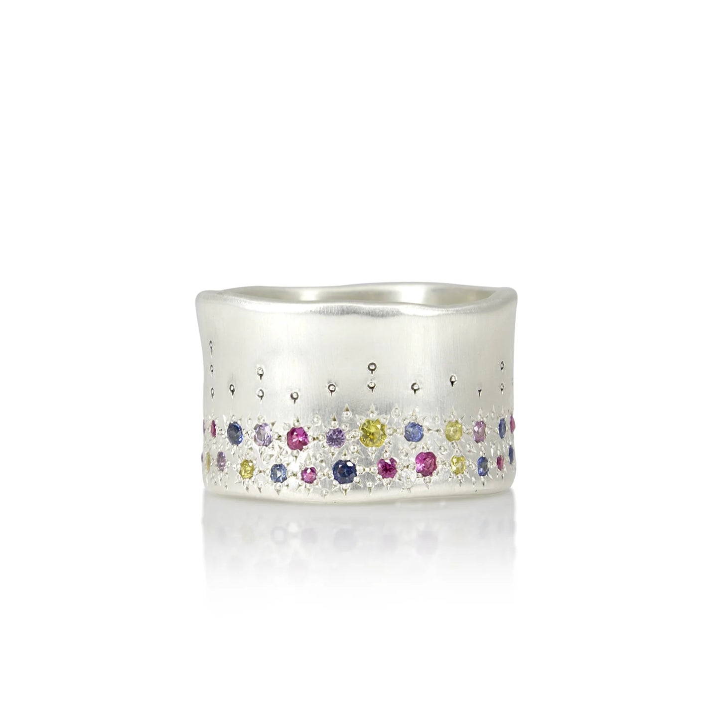 Organic Edge Wide Silver Band with Multi Sapphires