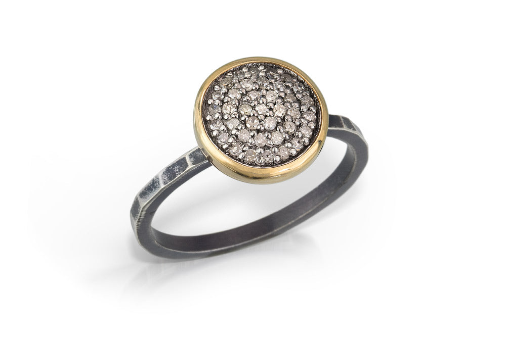 10mm Round Pave Diamond Ring with Hammered Band
