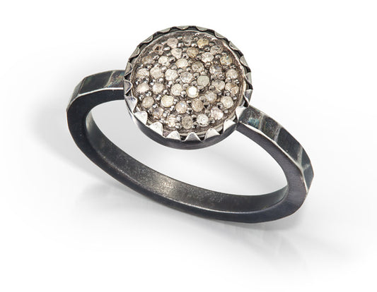 10mm Pave Set Diamond Bead Ring with Oxidized and Hammered Band