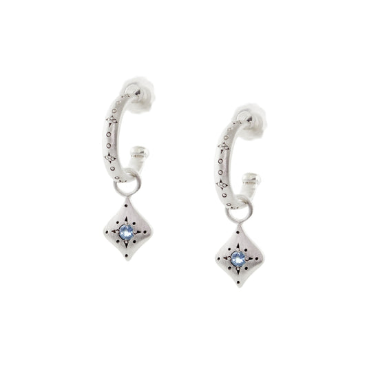 A pair of sterling silver earrings with aquamarine charms.