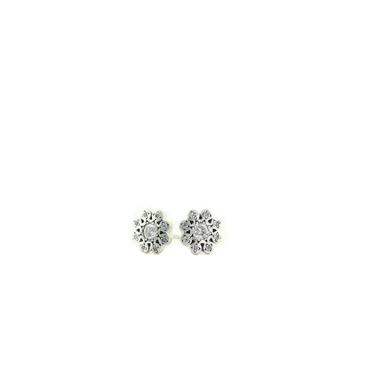tiny silver flower shaped stud earrings with diamond