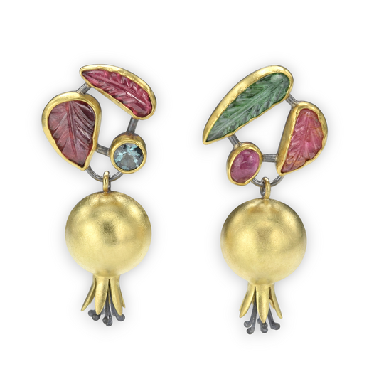 Gold Pomegranate Earrings with Pink and Green Tourmaline Details