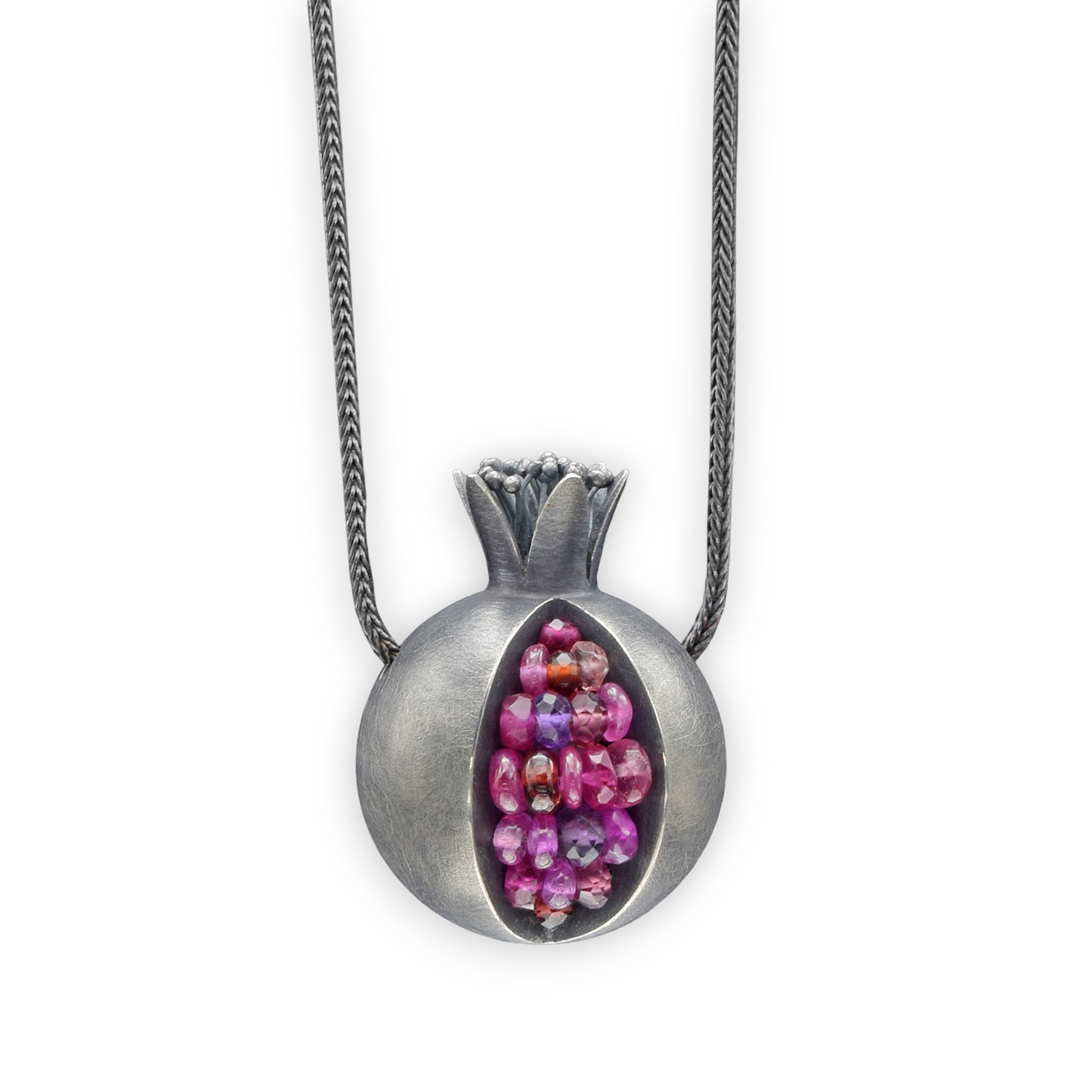 Oxidized Sterling Silver Pomegranate Pendant with Rubies, Garnets and Pink Sapphires