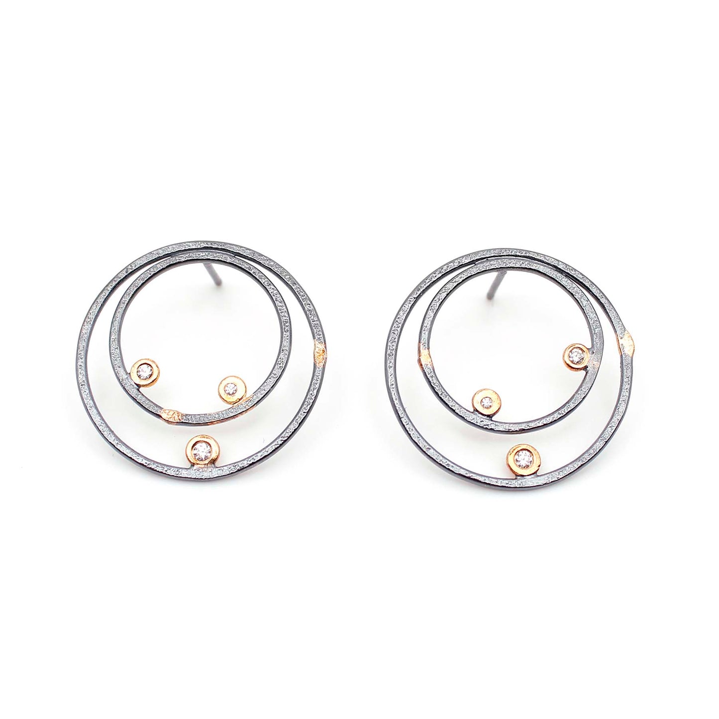 Double Circle Post Earrings with Three Diamonds Each