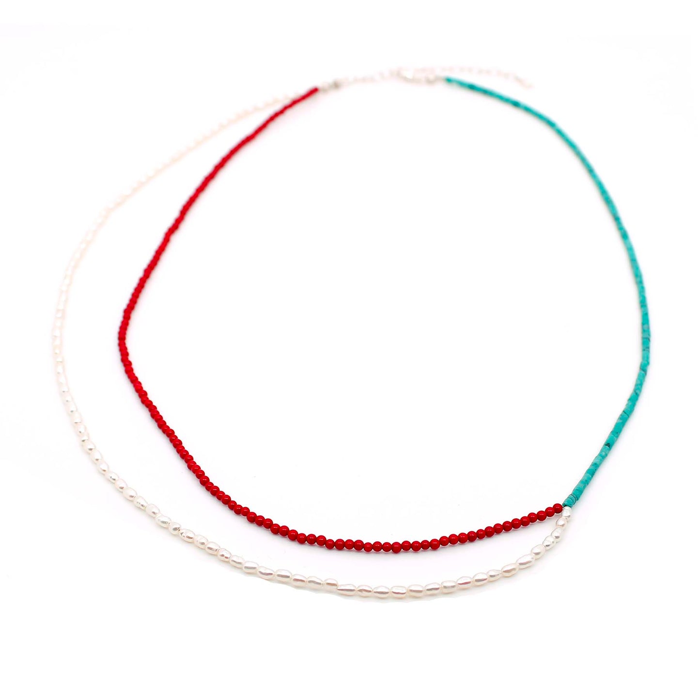 Layered Beaded Necklace with Red Coral, Turquoise and Freshwater Seed Pearls