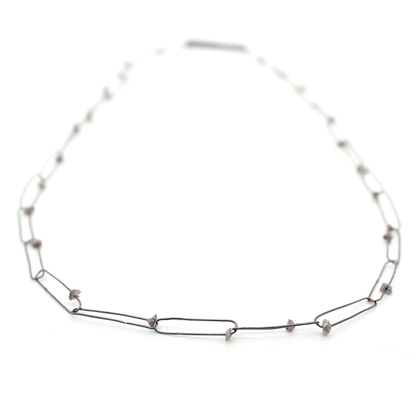 Handmade Oval Link Oxidized Sterling Silver Chain with Rough Diamonds
