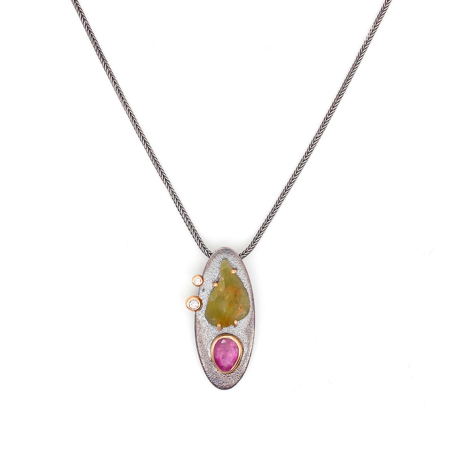 Collage Pendant with Peridot, Pink Sapphire and Diamonds