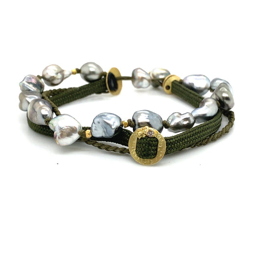 Olive Green Braided Bracelet with Gray Keshi Pearls