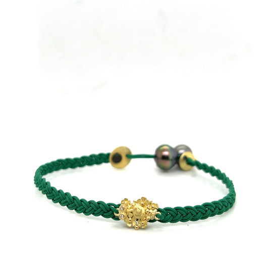 Braided Bracelet with Tahiti Pearls and 18k Yellow Gold Floral Detail