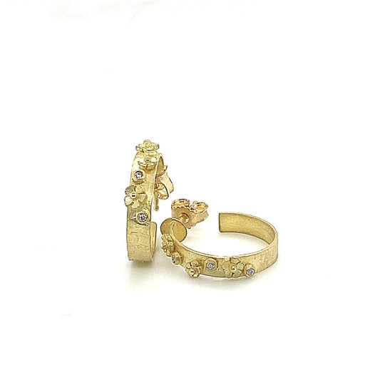 18k Gold Floral Hoop Earrings with White Diamonds