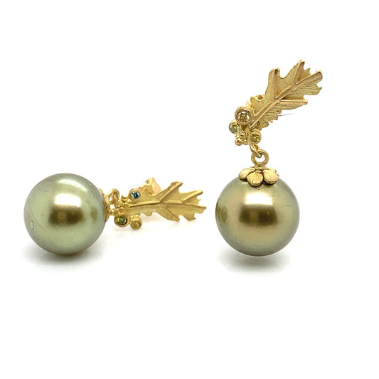 Iridescent Green Tahitian Pearl Earrings with 18k Gold Leaves and Diamonds