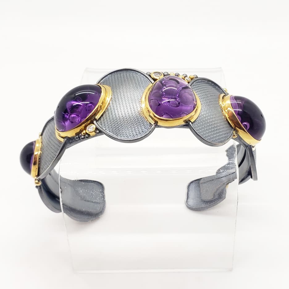 Oxidized Sterling Silver And 23k Gold Cuff With Amethyst And Diamonds