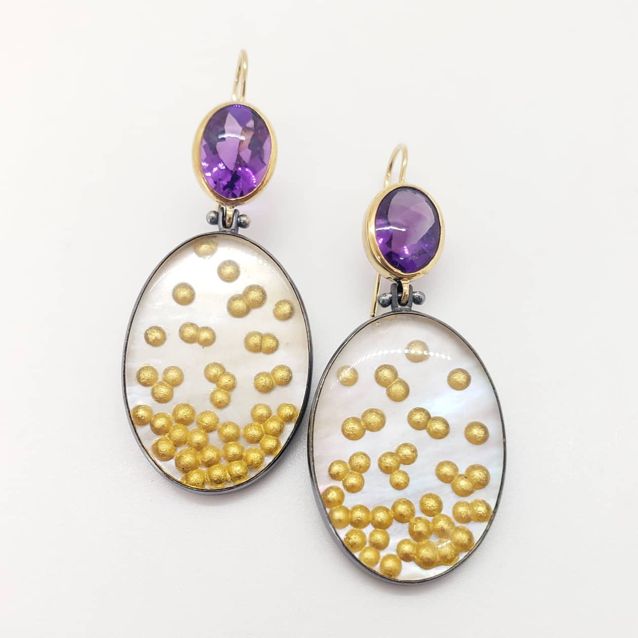 18k Gold and Oxidized Sterling Silver Earrings with Amethyst, Pearl Laminate and Gold Leaf