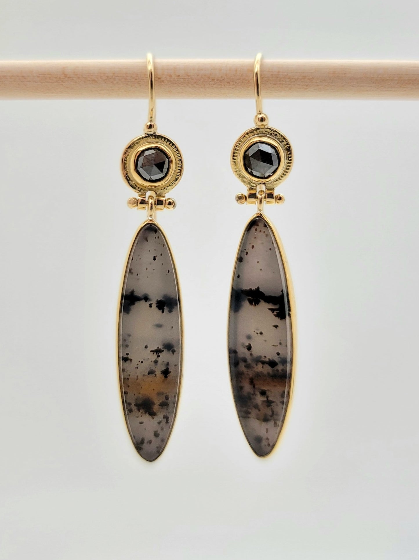 18k Gold Drop Earrings with Montana Agate and Gray Diamonds