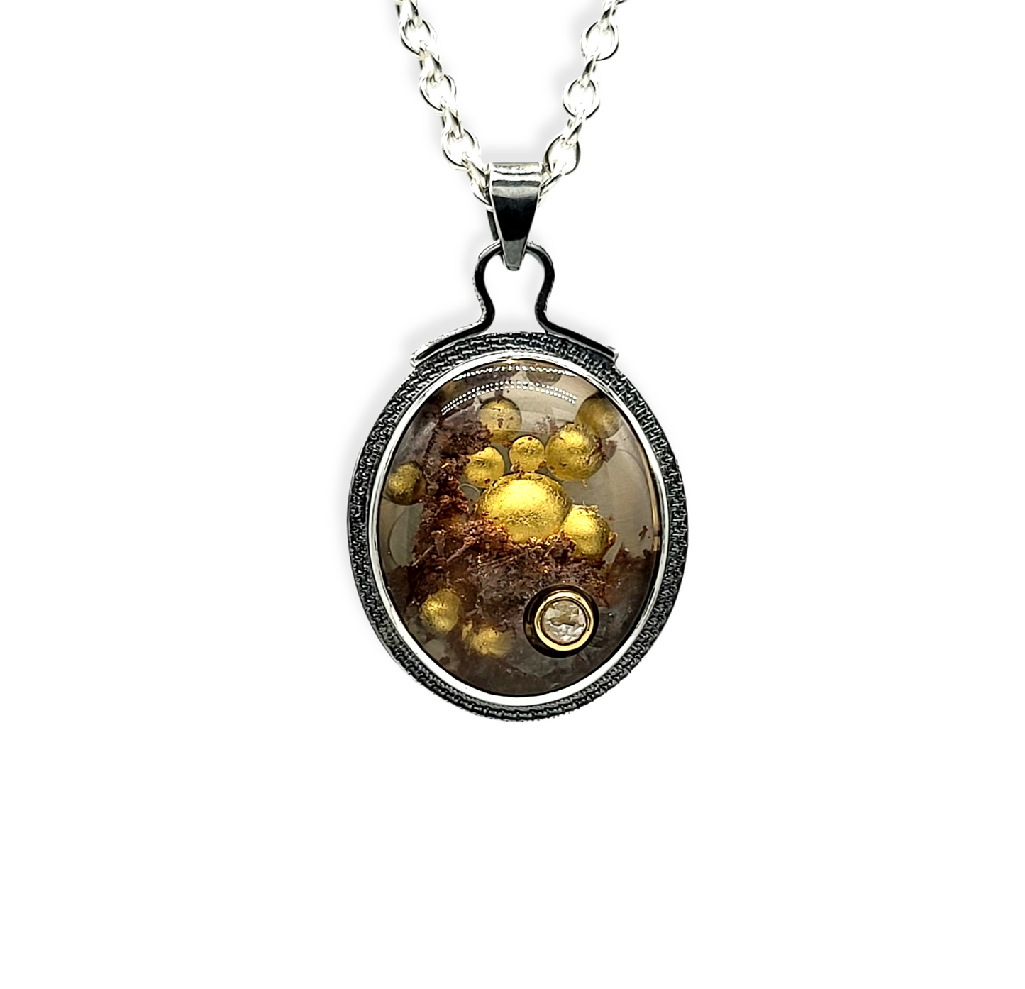 Gold Leaf and Oxidized Sterling Silver Necklace with Diamond