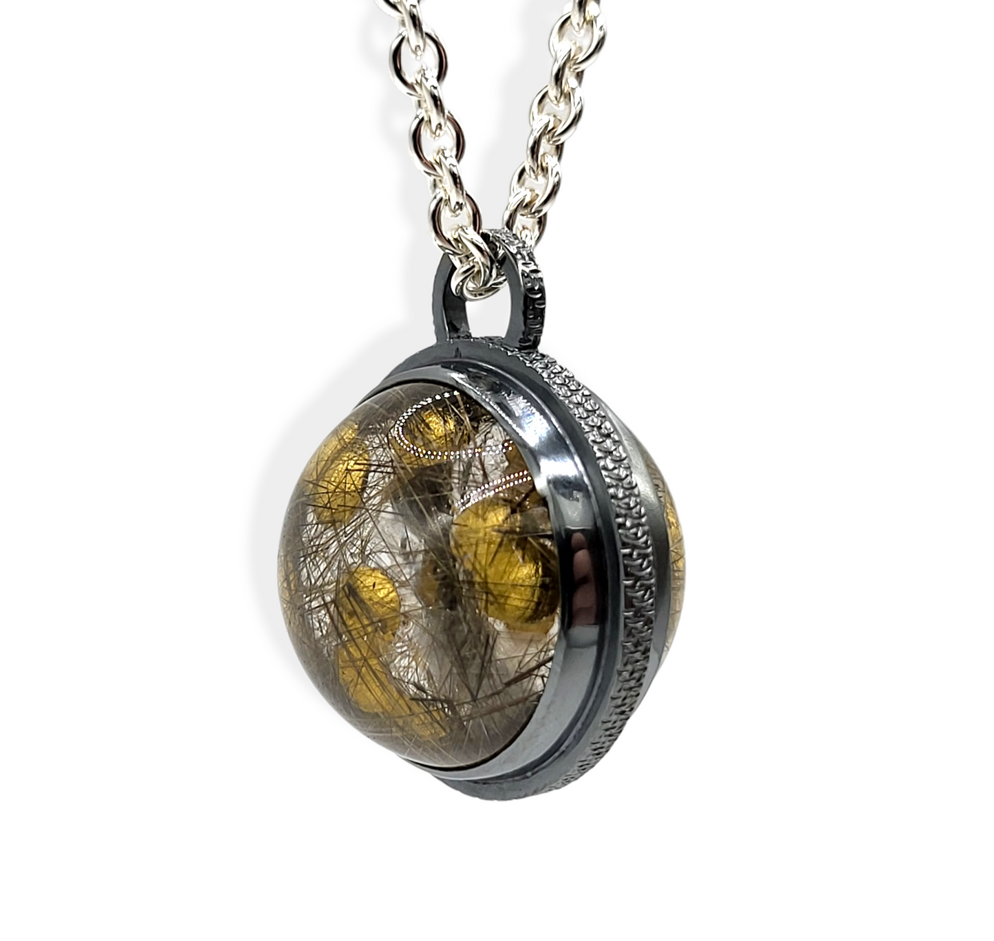 Sterling Silver Necklace with Rutilated Quartz and Gold Leaf