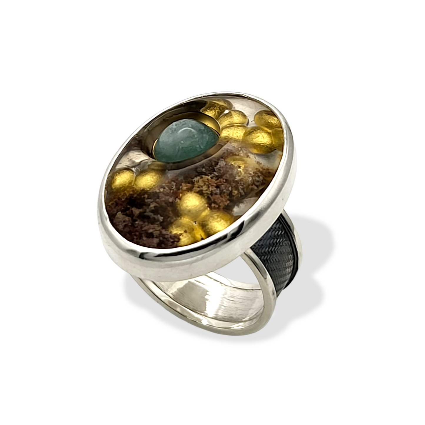 Oxidized Sterling Silver Ring with Lodalite Quartz, Blue Tourmaline and Gold Leaf