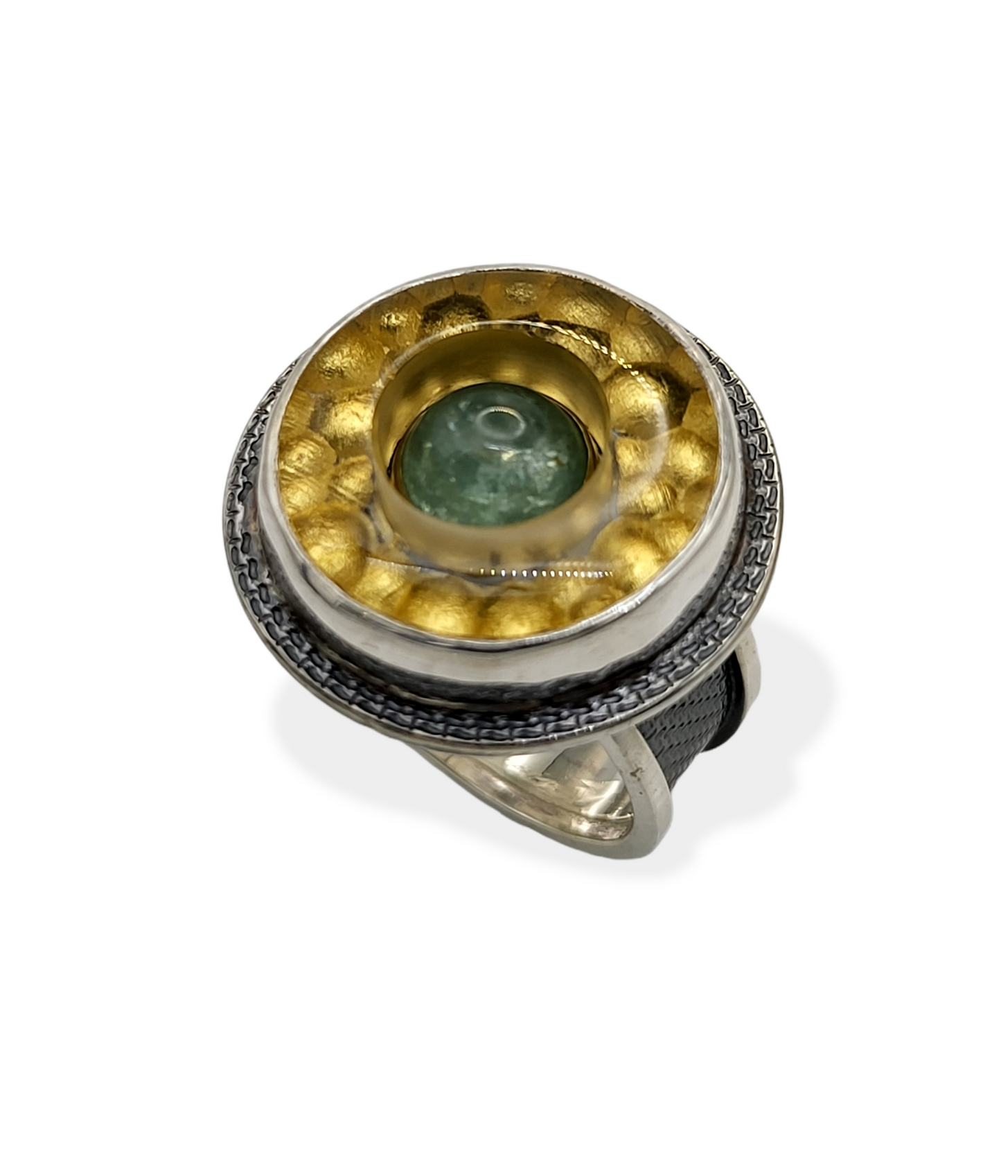Oxidized Sterling Silver and Gold Leaf Ring with Optical Quartz and Tourmaline