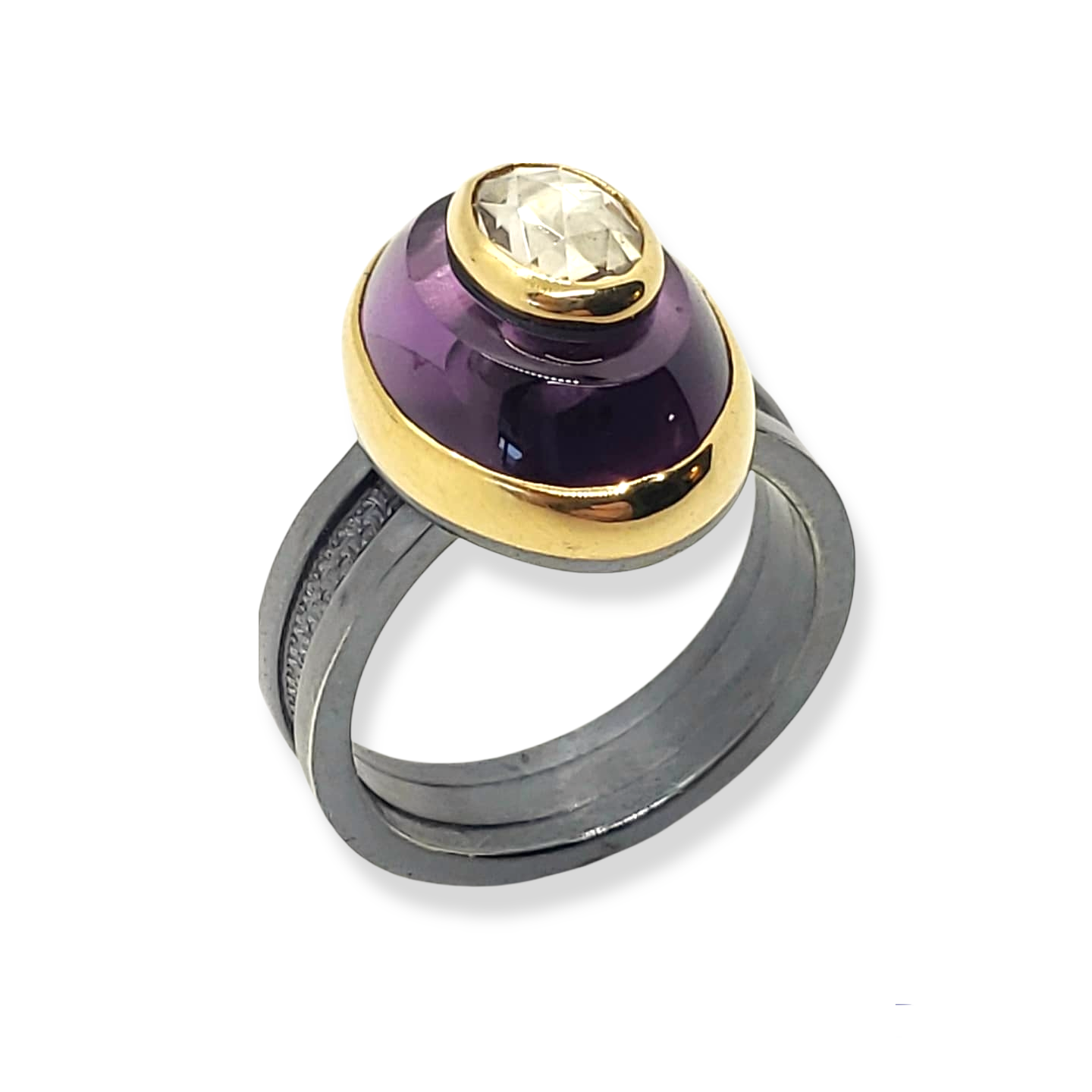 Oxidized Sterling Silver Ring With Amethyst and Rose Cut Zircon