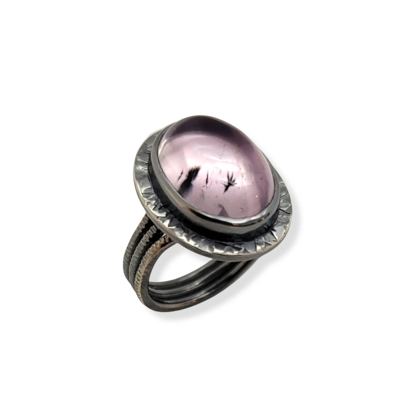 Oxidized Sterling Silver Ring With Hollandite Inclusions in Amethyst.