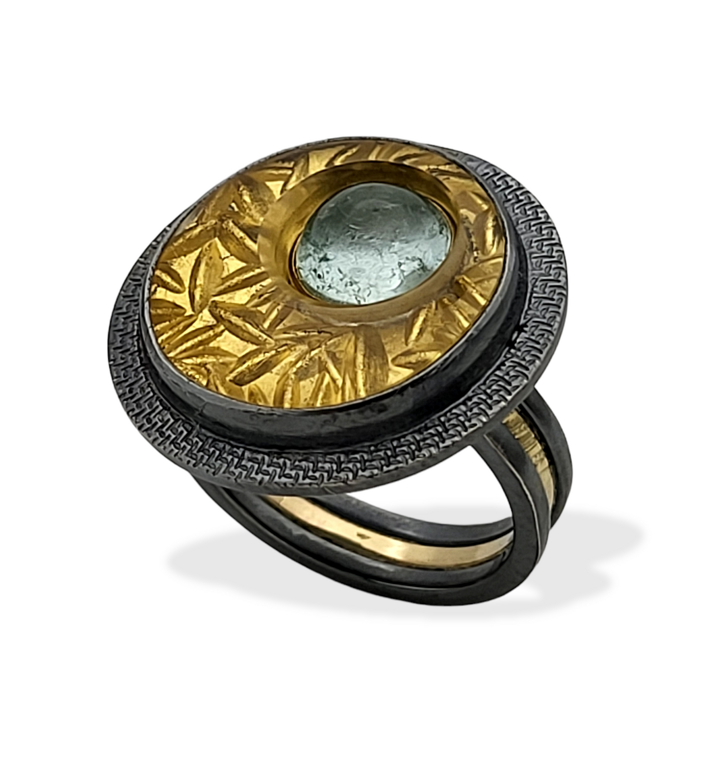 Oxidized Sterling Silver Ring with Optical Quartz Aquamarine and Gold Leaf