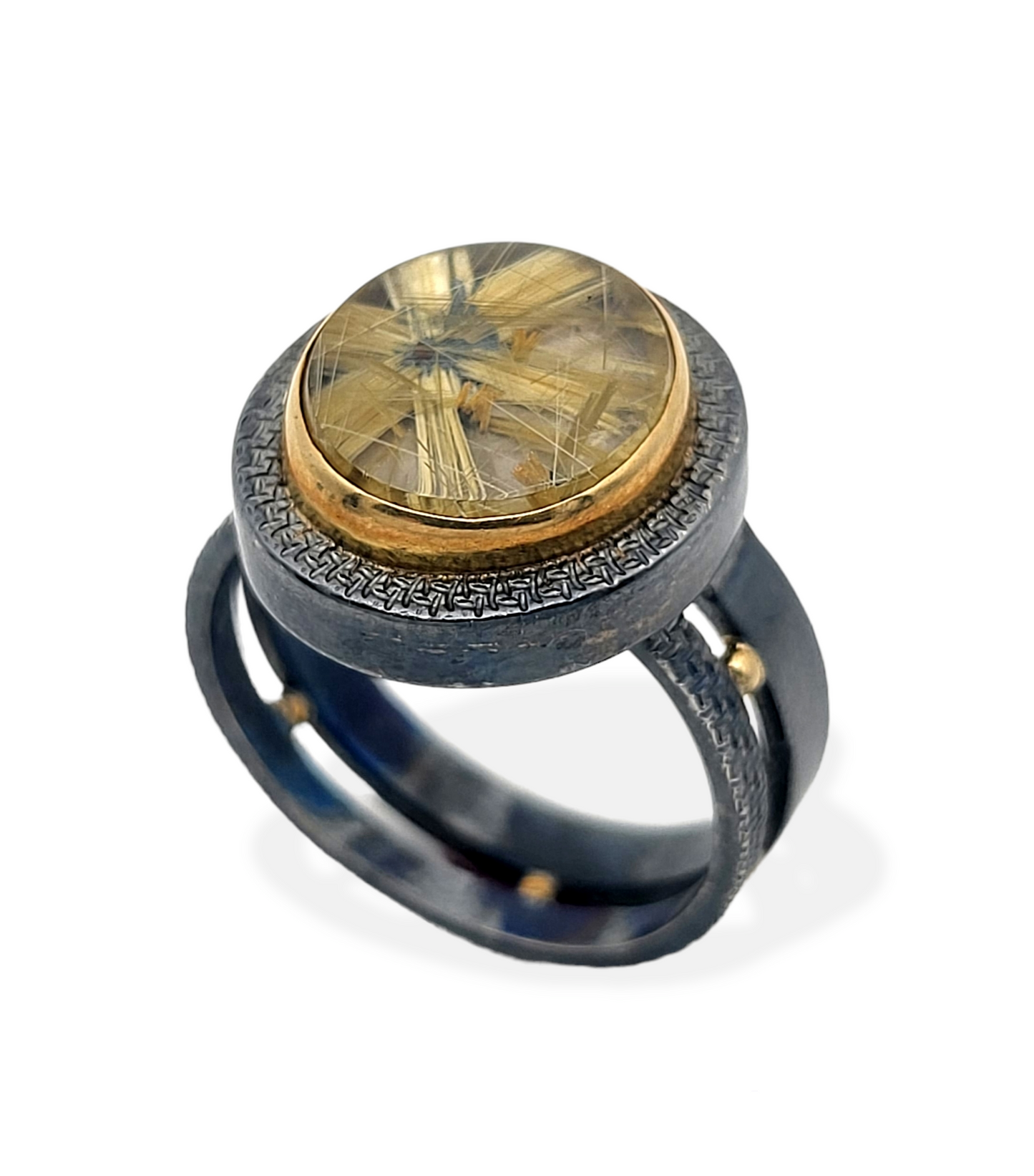 Oxidized Sterling Silver Ring with Rutilated Quartz and Gold Highlights