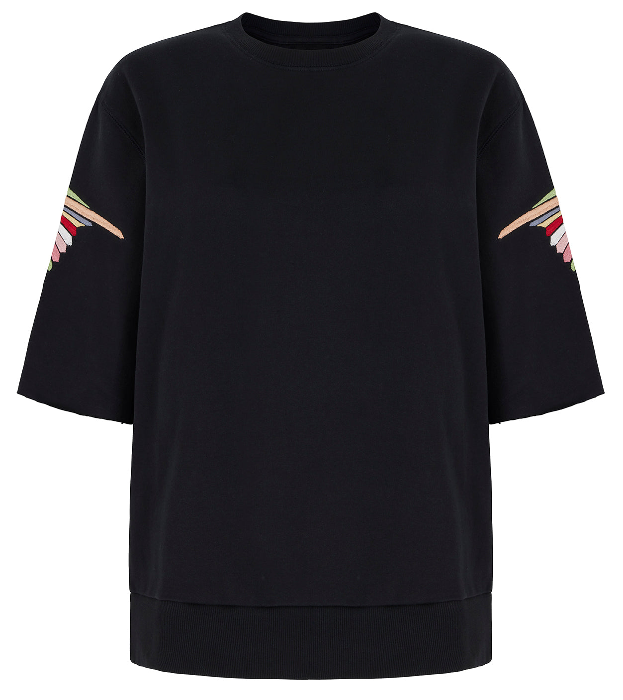 Short Sleeve Black Sweatshirt With Embroidered Bird